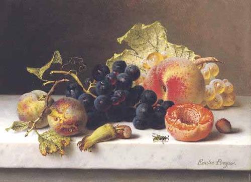 Johann Wilhelm Preyer Grapes peaches and plums on a marble ledge Germany oil painting art